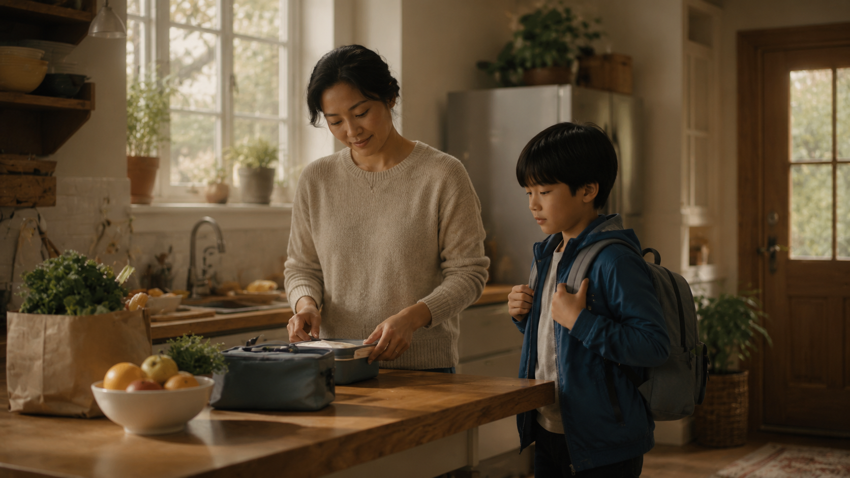 A parent and child share a calm moment in a warm kitchen or dining area, with everyday household details suggesting stability, caregiving, and the support needed for daily life after divorce.